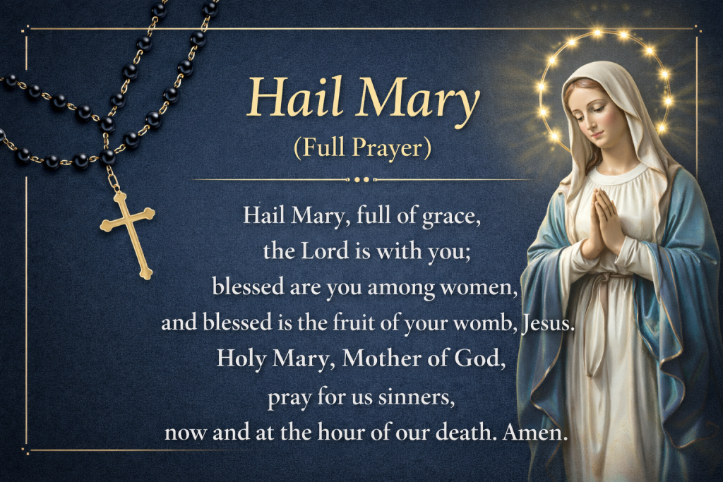 Hail Mary prayer with rosary beads, gold cross, and image of the Virgin Mary on a navy background