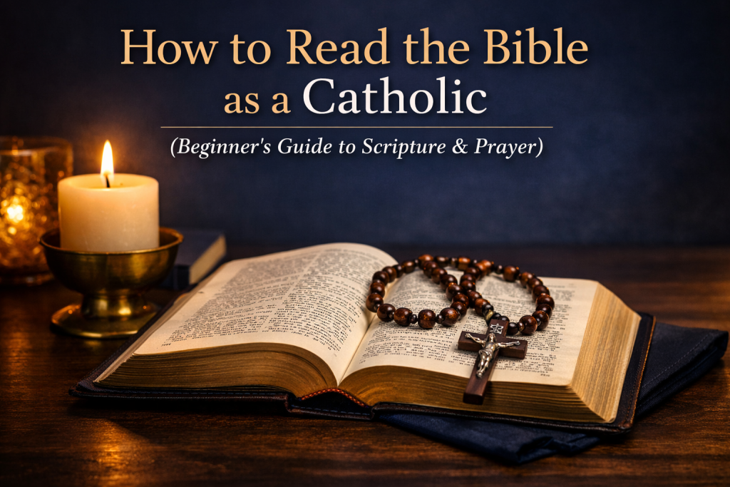 How to read the bible as a Catholic & Catholic reading the Bible with rosary and candle during prayer
