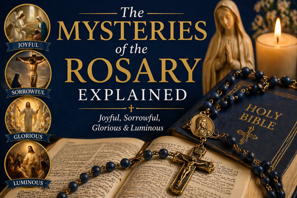 Catholic rosary with crucifix resting on an open Bible during prayer meditation