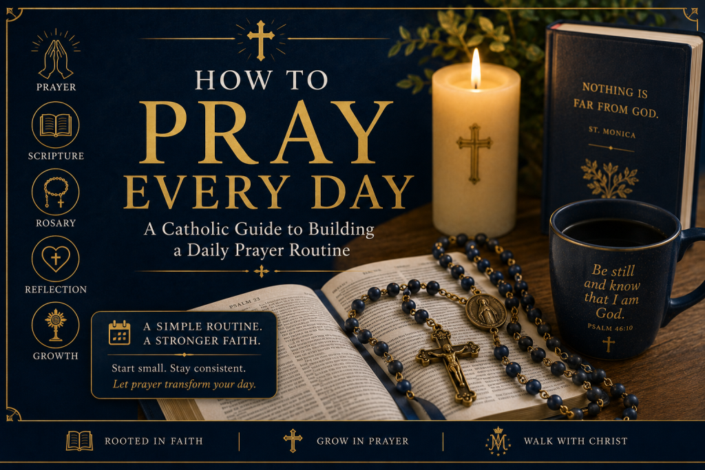 Catholic daily prayer routine with Bible, rosary, and candle for spiritual reflection and prayer