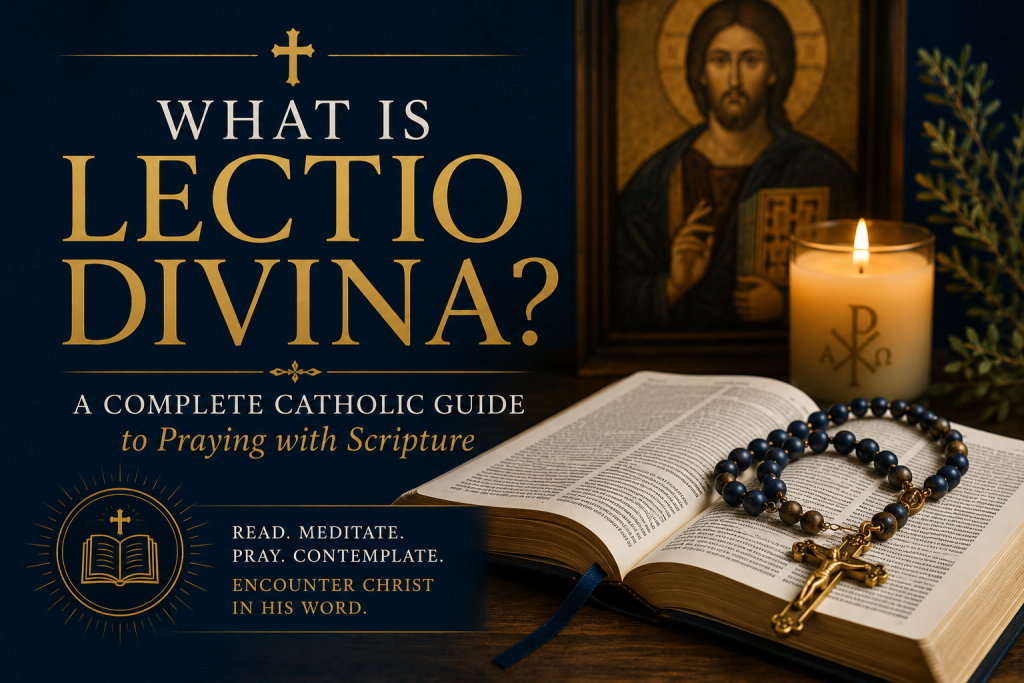 What Is Lectio Divina? A Complete Catholic Guide to Praying with Scripture What is Lectio Divina? Catholic prayer with Scripture, Bible, rosary, and candle