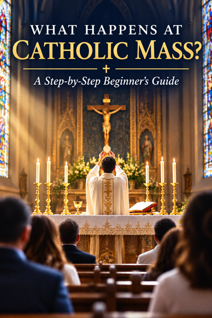 Catholic Mass with a priest elevating the Eucharist during the consecration
