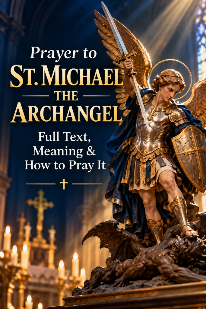 St. Michael the Archangel prayer featured image depicting the archangel with golden wings, sword, and shield defeating a demon inside a Catholic church